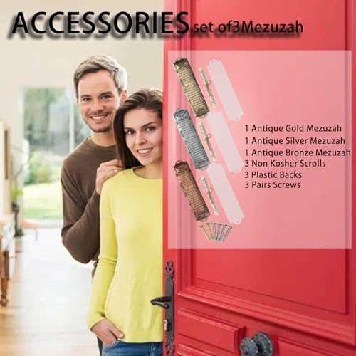 Set of 3 Metal Mezuzah Cases with English Blessing and Non-Kosher Scrolls