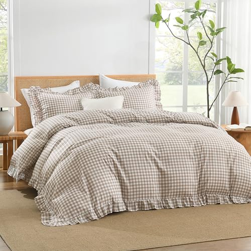 Tan Gingham Ruffle Duvet Cover Set - 3 Piece Soft Washed Farmhouse Bedding