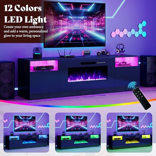 80-Inch Fireplace TV Stand with 40-Inch Electric Fireplace and LED Lights