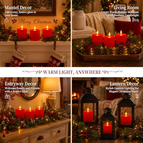 Homemory 3x3 Red Flameless Candles with Remote Timer, Battery Operated 3PC