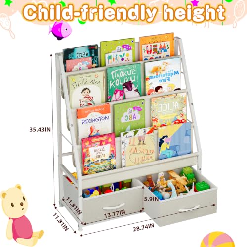 4-Tier Kids Bookshelf with Toy Storage Drawers and Canvas Pockets