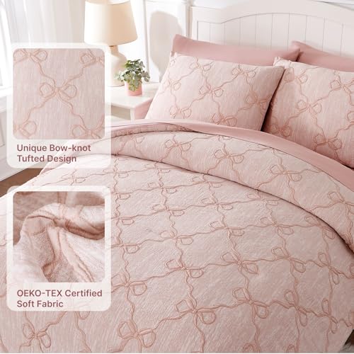 Pink Bow Twin Comforter Set with Sheets - 5-Piece Girls Bedding Set
