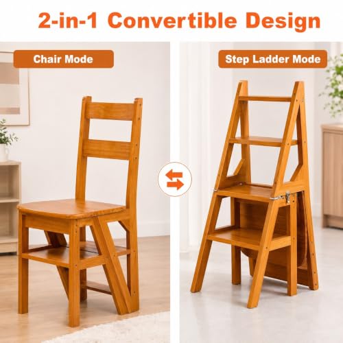 4-Tier Wooden Folding Step Ladder Chair, Multi-Function Step Stool