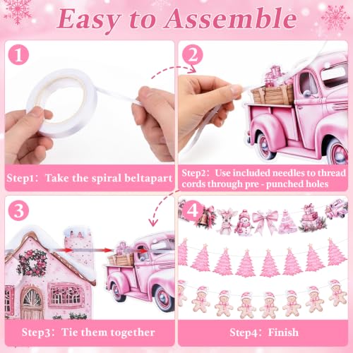 Pink Christmas Banner Set - 16.4 ft Long Gingerbread & Tree Decor