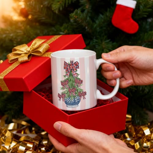 JINYO Christmas Coffee Mug - Pink Striped Chinoiserie Holiday Ceramic Cup, 11 oz - Christmas Coffee Mug-e