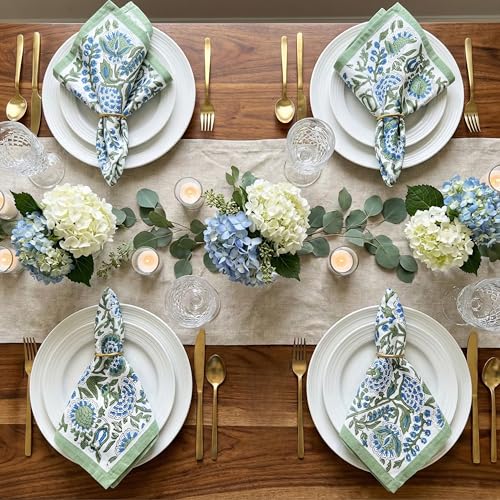 Clover Blue Cotton Dinner Napkins, Handblock Print 20x20 Inch Set of 4