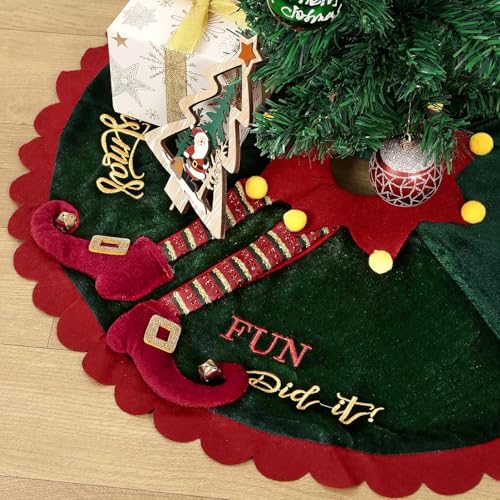 Elf Christmas Tree Skirt 48in Green Velvet with Elf Legs Ripple Trim - ipalmay