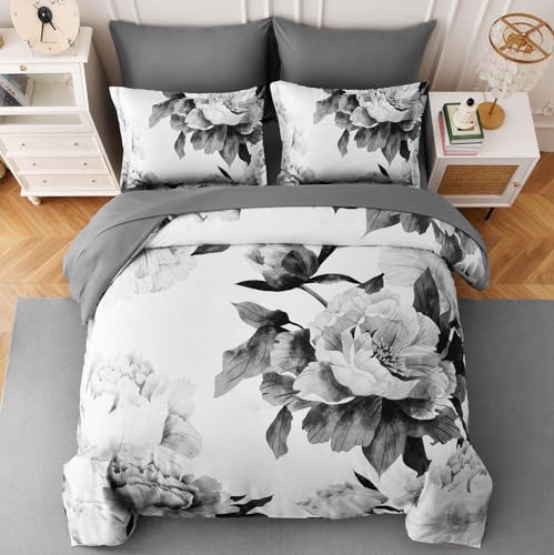 Grey Floral Queen Comforter Set - 7-Piece Soft Microfiber Bed in a Bag
