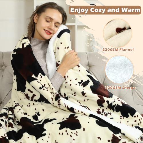 Heated Throw Blanket, 50x60 Cow Print Electric Sherpa Fleece Blanket