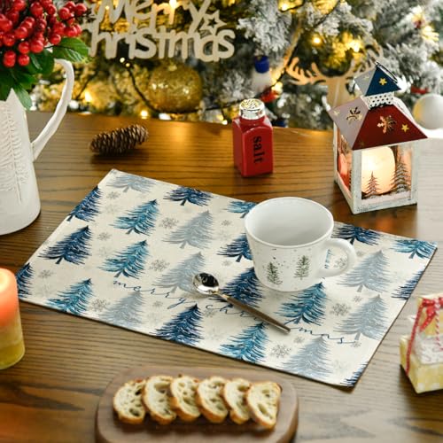 Artoid Mode Blue Christmas Placemats Set of 6, 12x18 Inch Seasonal Table Decor