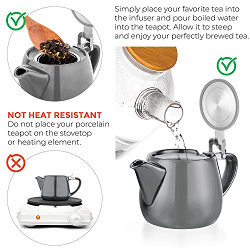 Tealyra - Pluto Porcelain Small Teapot Grey - 18.2-ounce (1-2 cups) - Unique Finish - Stainless Steel Lid and Extra-Fine Infuser To Brew Loose Leaf Tea - 540ml