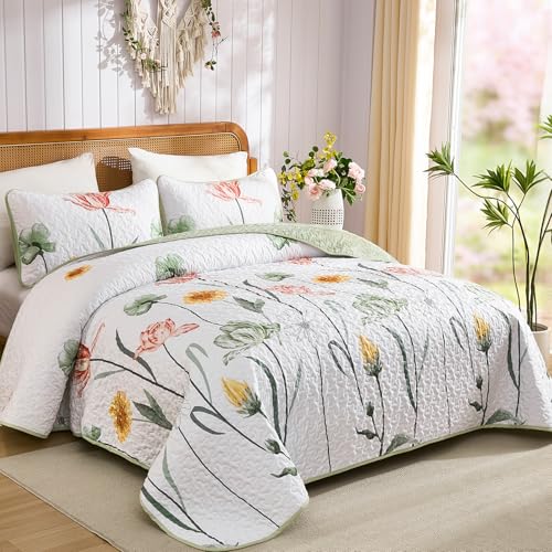 Sage Green Floral Quilt Set - Full Size 3-Piece Bedspread Coverlet Set
