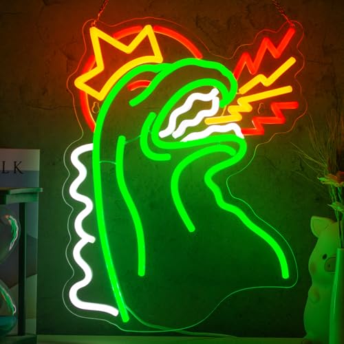 Jimeva Monster Neon Sign – Fire Monster LED Wall Light, USB Dimmable, Multi-Color (Green/Red/White/Yellow) for Boys Girls Room, Game Room