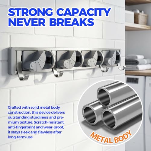 Metal Broom and Mop Holder Wall Mount Organizer with 4 Slots and 4 Hooks