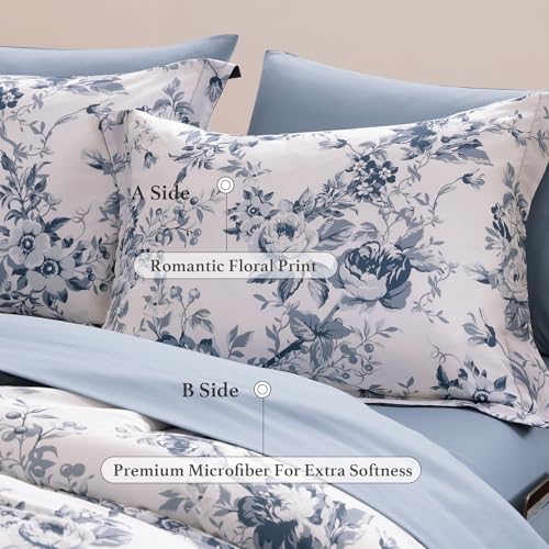 Queen Comforter Set 7-Piece - Blue Floral Soft Bed in a Bag with Sheets