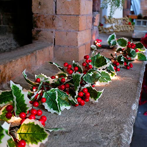 Juegoal 9FT Pre-lit Christmas Garland with Red Berries & Holly, Battery Operated with Timer