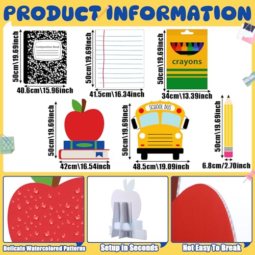6 Pcs Large Back to School Party Decorations 20-Inch Plastic Cutouts with Stands