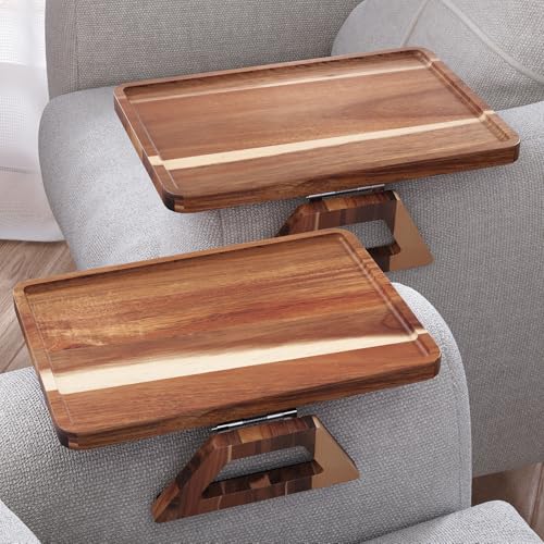 2 Pack Acacia Wood Sofa Arm Tray, Folding Clip-On Couch Table for Drinks