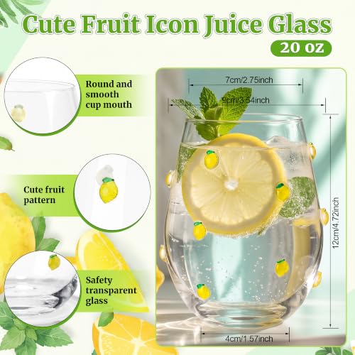 20 oz Lemon Print Stemless Glass Cup for Juice, Iced Coffee and Cocktails