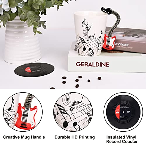 Guitar Mug with Vinyl Record Coaster - Red Electric Guitar Music Gift for Men Women