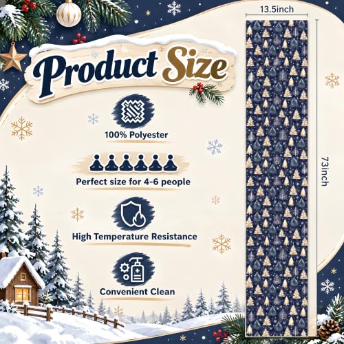 OHOME Navy Blue Xmas Tree Snowflake Winter Table Runner - Christmas Decorations, 73x13 inches, Festive Table Decor