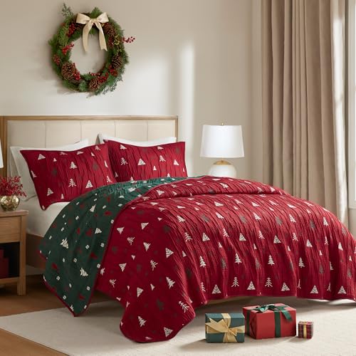 Madison Park Christmas Coverlet Set Queen 3pc Red & Green Holiday Bedding