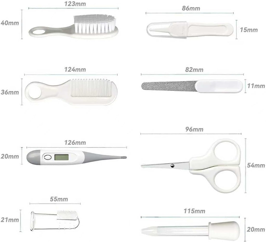 Skiennix Baby Grooming Kit - Infant Safety Care Set with Brush, Comb, Nail Clipper & Aspirator | Grey & White