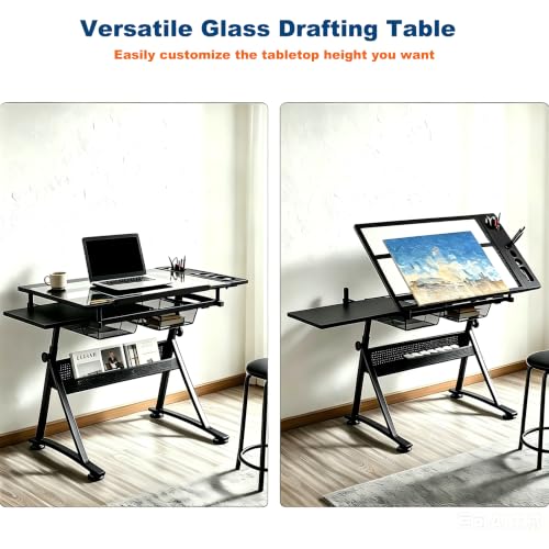 Adjustable Drafting Table with Stool and Drawers, Tilting Art Desk