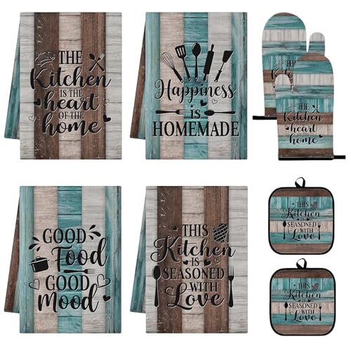 8-Piece Teal Rustic Kitchen Decor Set with Towels, Oven Mitts & Pot Holders