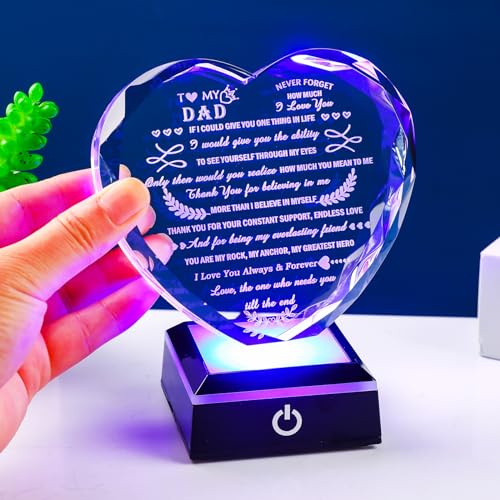 Dad Gifts from Daughter Son with LED Heart Crystal Keepsake | Dad from Daughter Son Gift with Colorful Base
