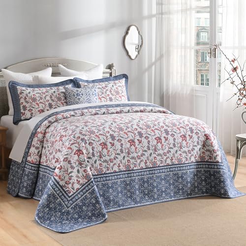 Oversized King Bedspread Set - 100% Cotton Reversible Floral Quilt (3 Pcs)