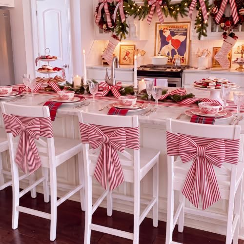 Fanfanwin Christmas Chair Covers Set with Bows - Red & White Stripe Velvet Decor for Dining Chairs