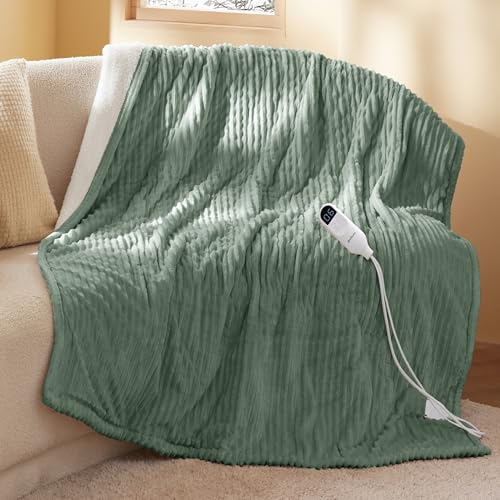 Bedsure Green Ribbed Electric Heated Blanket Throw with Preheat - Cozy & Safe