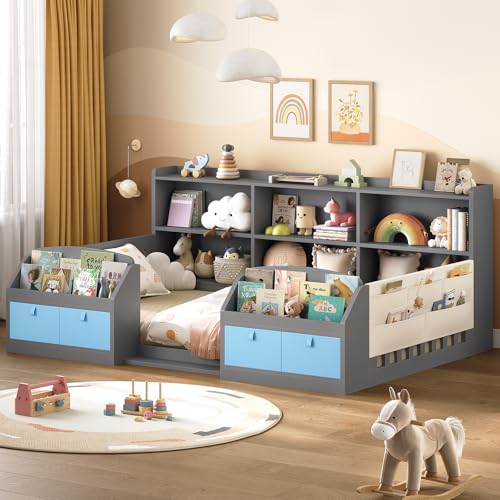 Twin Montessori Floor Bed Frame for Toddlers with Storage Drawers & Bookshelves