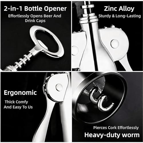 LunaThreads Silver 2-Pack Premium Zinc Alloy Lever Corkscrew Set with Wine Pourer & Vacuum Stopper