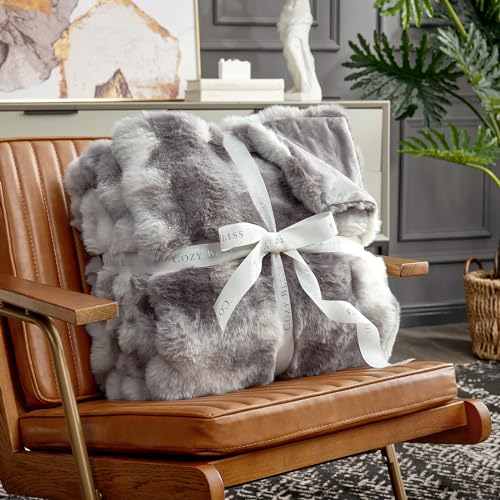 Cozy Bliss Faux Fur Throw Blanket, Soft Plush Bubble Fleece - 50x60