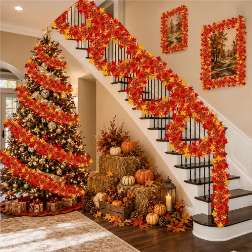 50ft Fall Maple Leaves Tinsel Garland, Metallic Twist Autumn Harvest Decor