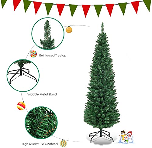 HAPPYGRILL 6ft Pencil Christmas Tree Unlit Slim Xmas Tree with Foldable Metal Stand, PVC