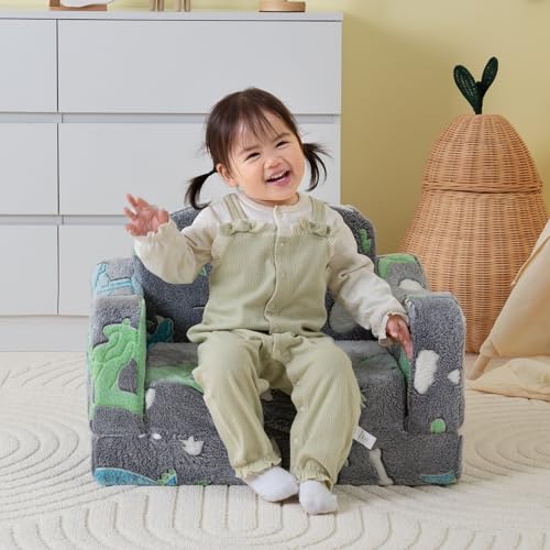 2-in-1 Convertible Kids Sofa Chair - Foldable Foam Plush Couch, Gray Dinosaur