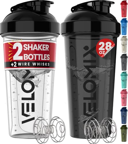 VELOMIX 2 Pack 28oz Protein Shaker Bottle with Wire Whisk, Leak Proof Gym Cup