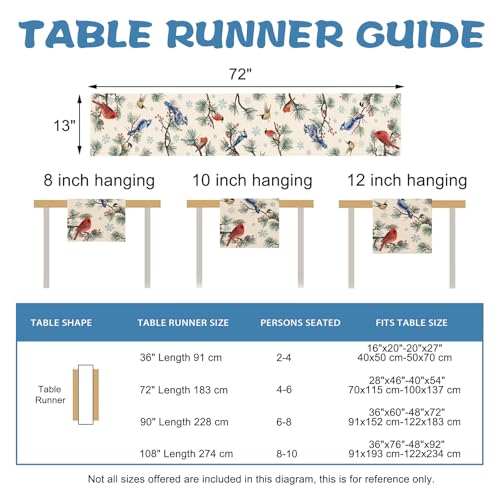 Croar Winter Birds Table Runner 13x72 Inch, Cardinal Blue Jay Robin Chickadee Decor