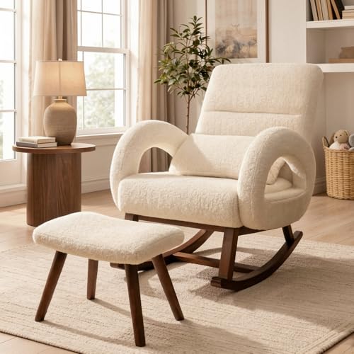 COMHOMA Beige Boucle Nursery Rocking Chair with Ottoman & Lumbar Pillow