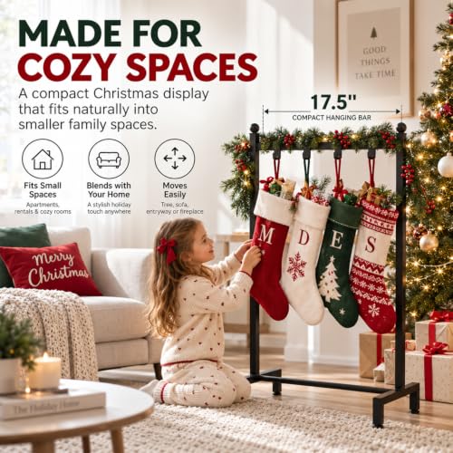 Christmas Stocking Holder Stand with 4 Hooks, Freestanding Metal Rack, 42" Tall