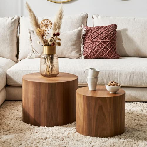 Nesting Coffee Table Set of 2, Round Wooden Accent Side Tables for Living Room