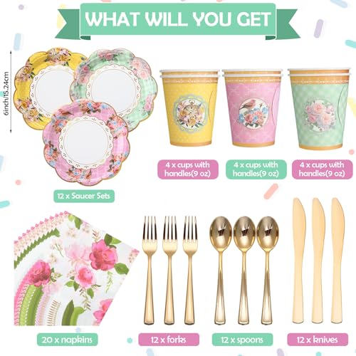 Layhit Vivid 83-Piece Disposable Tea Party Set with 3-Tier Cake Stand for Women Girls Birthday Baby Shower Bridal Shower Pink Floral