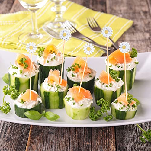 Crafterlife Daisies Spring Floral Cocktail Picks - 100 Eco-Friendly Food Skewers for Party & Appetizers