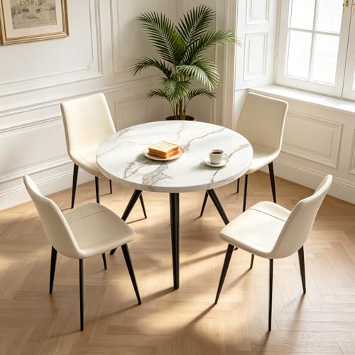 34.6-Inch Round Dining Table Set for 4, Marble-Look Table with 4 Chairs