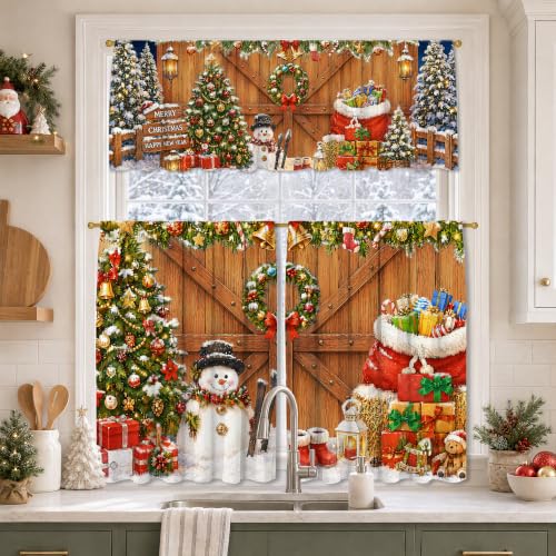 Woaoce Christmas Farmhouse Window Curtain Set 3 Pieces Snowman & Holiday Decor