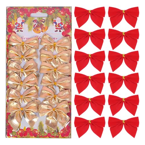 Gold Red Christmas Tree Bows 24-Pack Mini Ornaments – Red & Gold Fabric Decorations