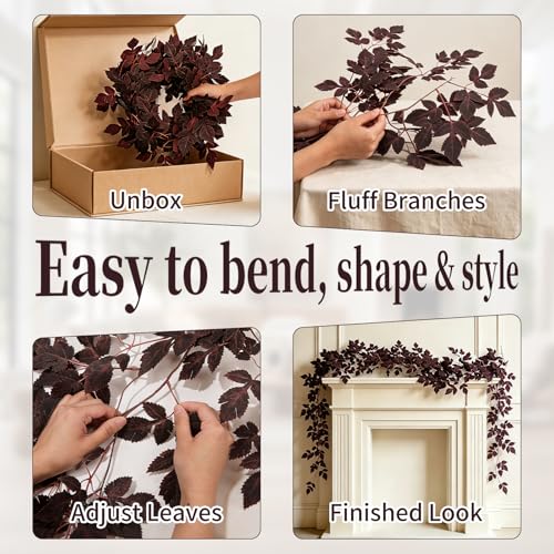 6ft Artificial Plum Fall Garland - Moody Autumn Leaf Decor for Mantel & Table